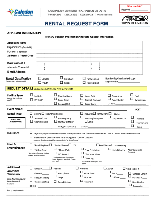 Fillable Rental Request Form - Town Of Caledon Printable pdf