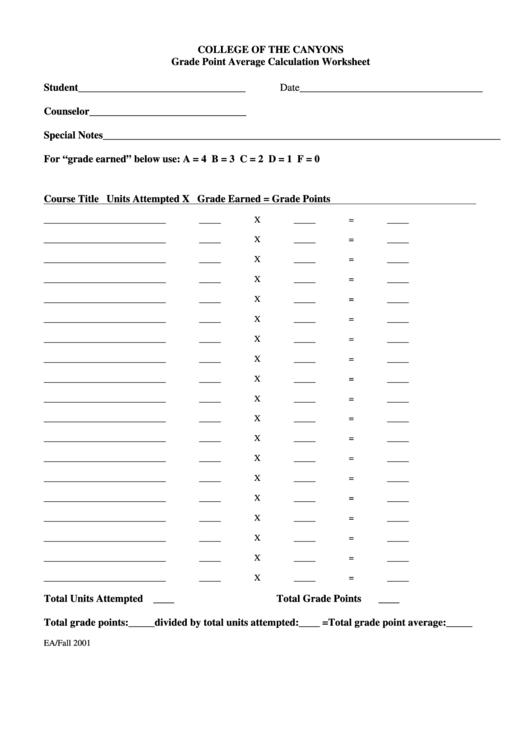Gpa Calculation Worksheet - College Of The Canyons
