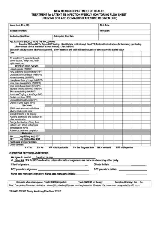 New Mexico Department Of Health Treatment For Latent Tb Infection Weekly Monitoring Flow Sheet
