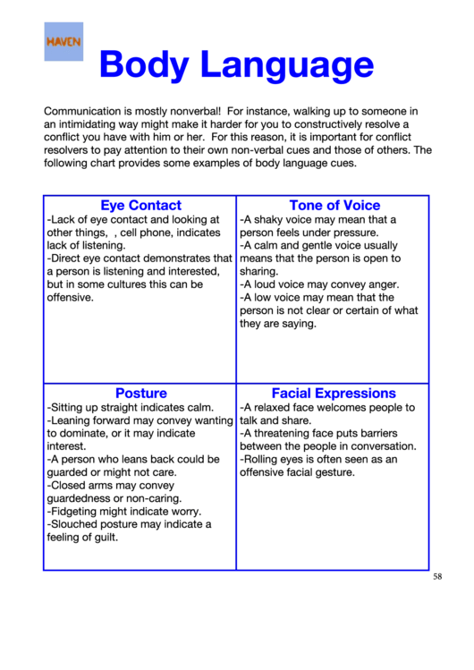 Body Language - School Tools Printable pdf