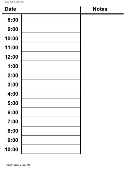 Hourly With Notes Hourly Planner Template