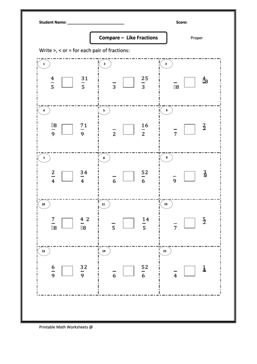 Compare - Like Fractions Printable pdf