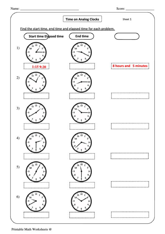 Time On Analog Clocks Printable pdf