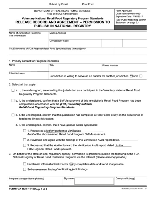 Fillable Form Fda 3520 - Release Record And Agreement - Permission To Publish In National Registry Printable pdf
