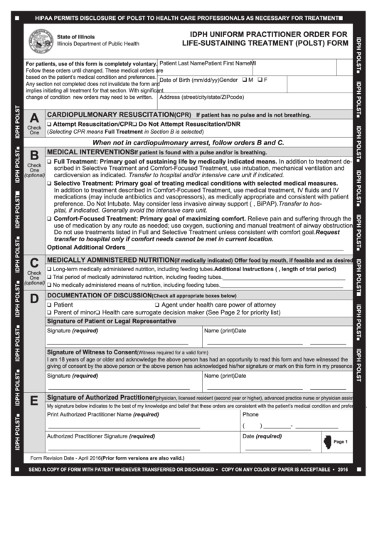 Idph Uniform Practitioner Order For Life-Sustaining Treatment (Polst) Form Printable pdf