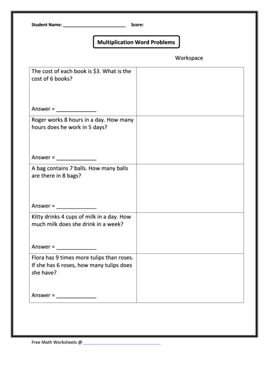 Multiplication Word Problems Printable pdf