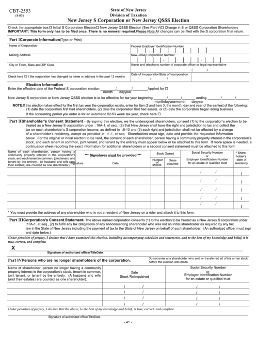 Fillable Form Cbt-2553 - New Jersey S Corporation Or New Jersey Qsss Election Form/form Cbt-2553 - Cert - New Jersey S Corporation Certification - 2005 Printable pdf