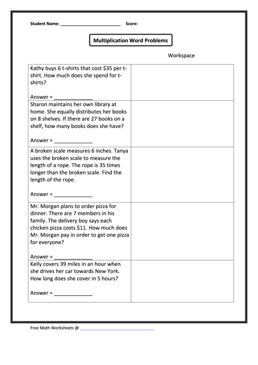 Multiplication Word Problems Printable pdf