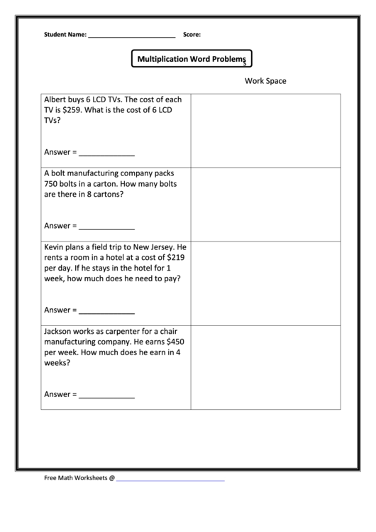 Multiplication Word Problems Printable pdf