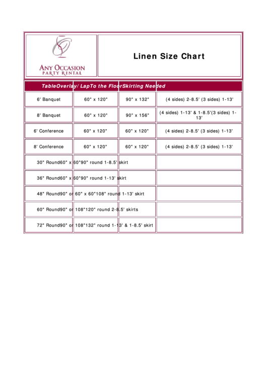 Any Occasion Party Rental Linen Size Chart Printable pdf
