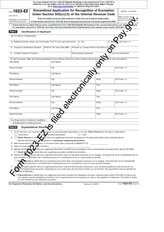 Form 1023-Ez - Streamlined Application For Recognition Of Exemption Under Section 501(C)(3) Of The Internal Revenue Code - 2014 Printable pdf