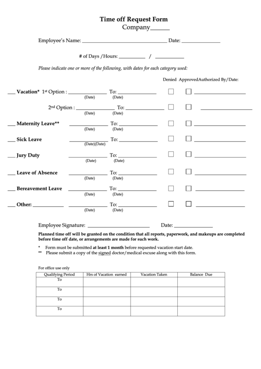 Employee Time Off Vacation Request Form Printable pdf