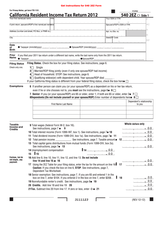 Fillable Form 540 2ez - California Resident Income Tax Return - 2012 Printable pdf