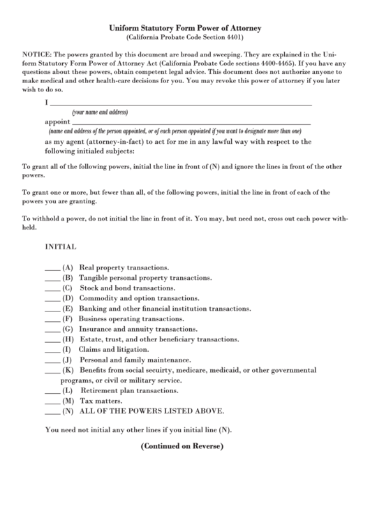 Uniform Statutory Form Power Of Attorney - Ucsb Eap Printable pdf