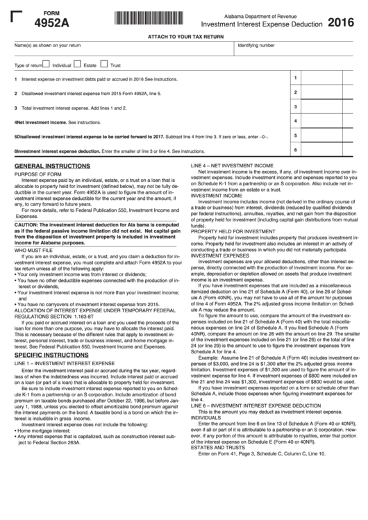 Form 4952a - Investment Interest Expense Deduction - 2016 Printable pdf