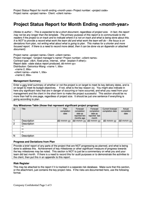 Project Status Report For Month Ending Template Printable pdf
