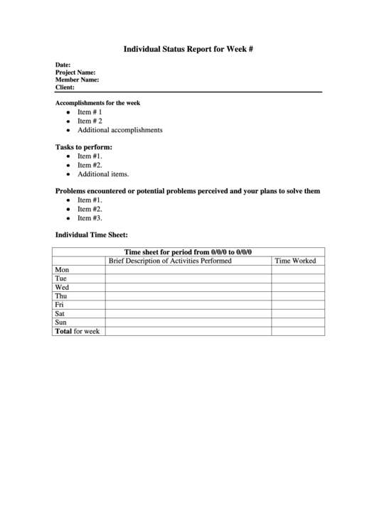 Individual Status Report For Week Printable pdf