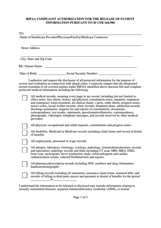 Hipaa Compliant Authorization Form For The Release Of Patient Printable pdf