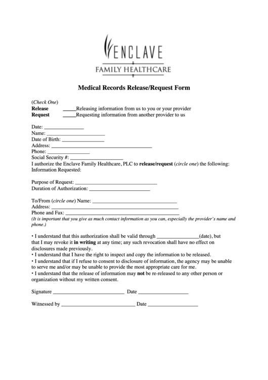 Medical Records Release/request Form - Enclave Family Healthcare Printable pdf