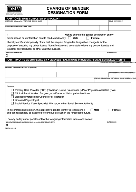 Fillable Form 735-7401 - Change Of Gender Designation Form Printable pdf