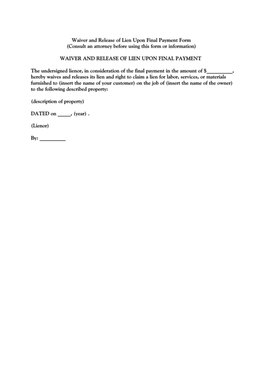 Waiver And Release Of Lien Upon Final Payment Printable pdf