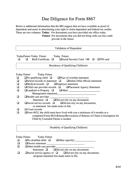 Due Diligence For Form 8867 - Byrd Accounting Printable pdf