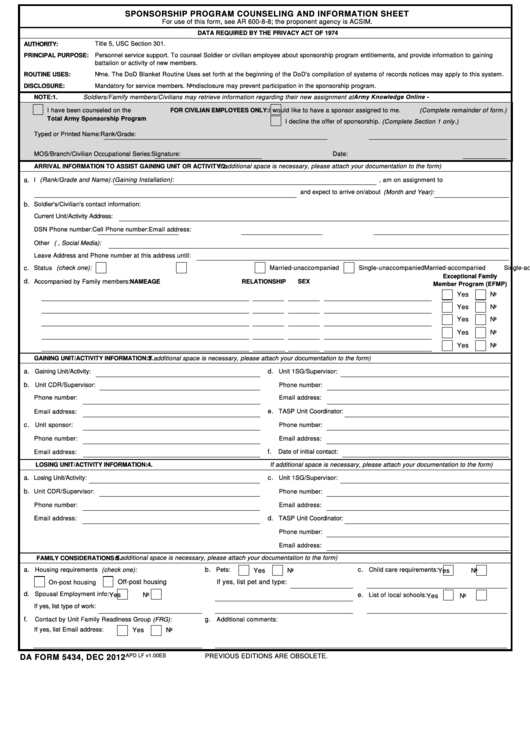 Da Form 5434 - Sponsorship Program Counseling And Information Sheet