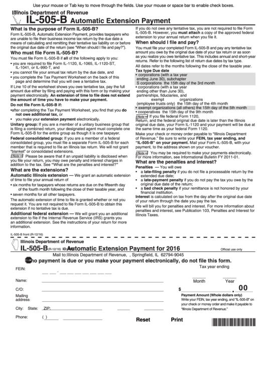 Form Il-505-B - Automatic Extension Payment For 2016 Printable pdf