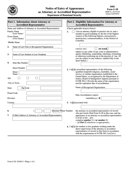Fillable Form G-28 Notice Of Entry Of Appearance As Attorney Or Accredited Representative Printable pdf