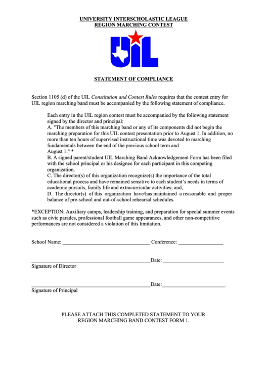 Statement Of Compliance - Uil Printable pdf