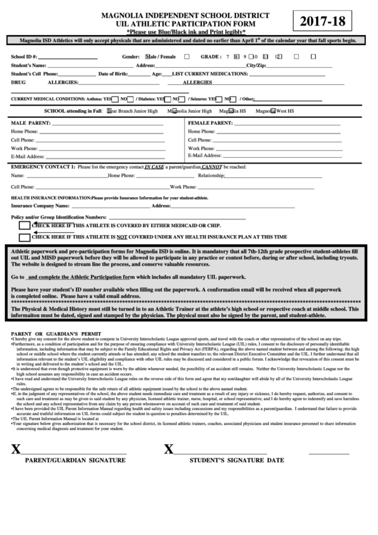Magnolia Independent School District Uil Athletic Participation Form Printable pdf