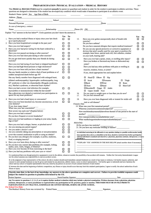 Preparticipation Physical Evaluation Form - Medical History - 2017