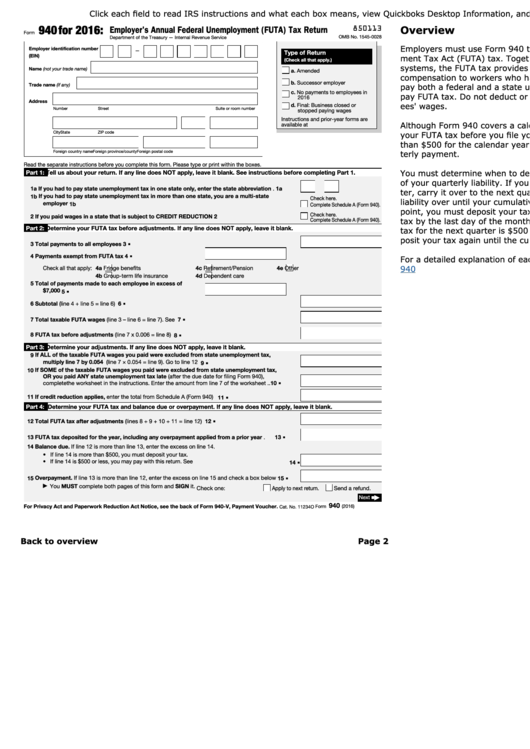 Fillable Form 940 Employer s Annual Federal Unemployment futa Tax Return 2016 Printable