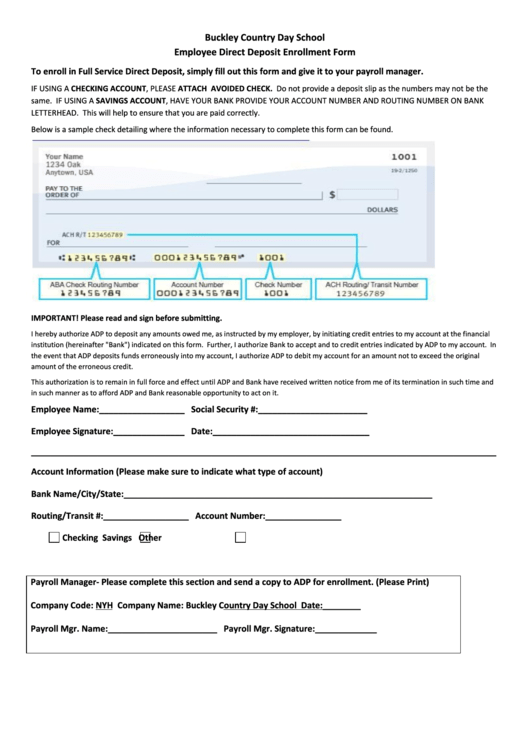 Employee Direct Deposit Enrollment Form - Buckley Day Camp Printable pdf