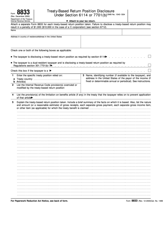 Fillable Form 8833 (Rev. December 2000) Printable pdf