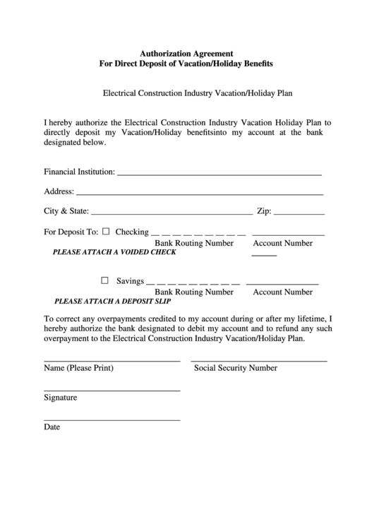 Authorization Agreement Template For Direct Deposit Of Vacation/holiday Benefits Printable pdf