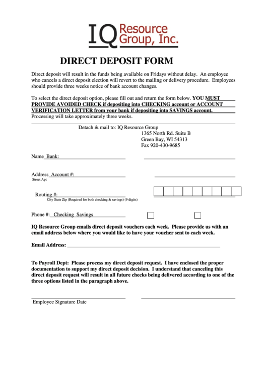 Direct Deposit Form - Iq Resource Group Printable pdf
