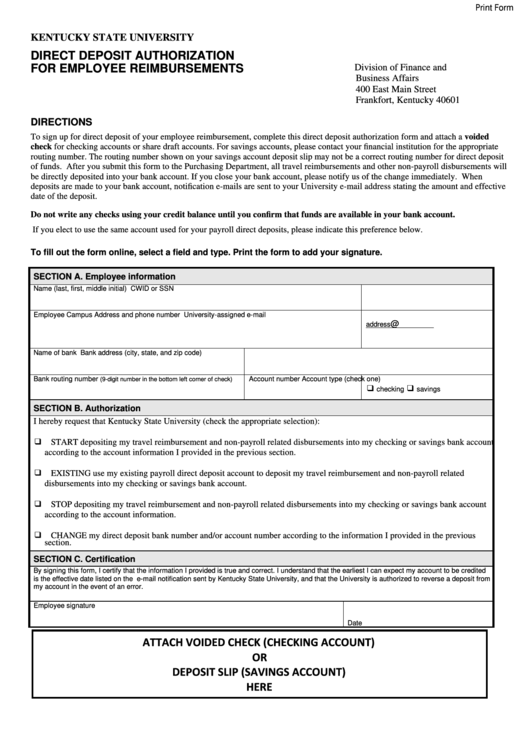 Fillable Employee Direct Deposit Form - Kentucky State University Printable pdf