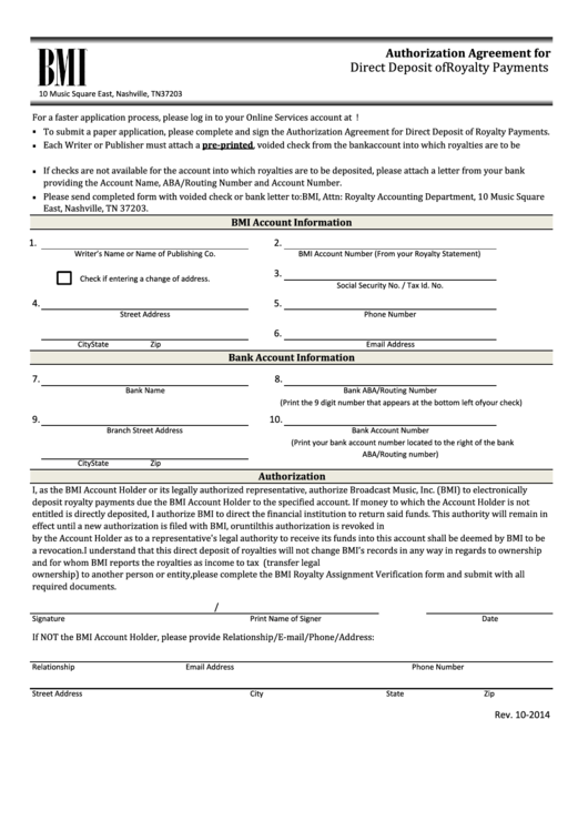 Bmi Direct Deposit Authorization Form Printable pdf
