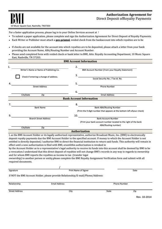 Bmi Direct Deposit Authorization Form