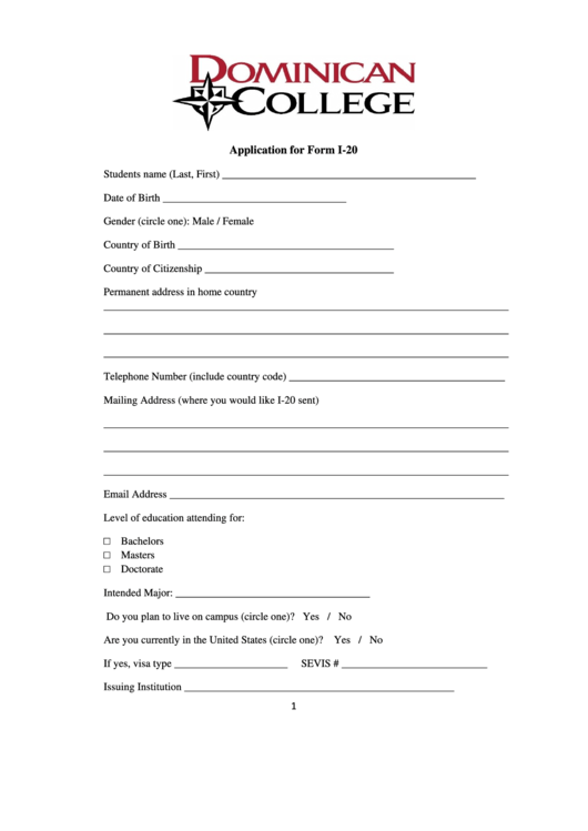Application For I-20 Form - Dominican College Printable pdf