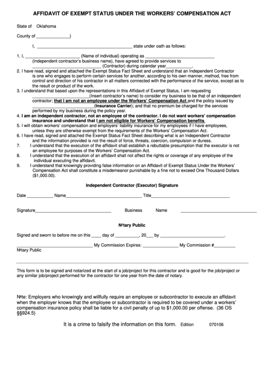 Affidavit Of Exempt Status Under Worker Compensation - Uco Printable pdf