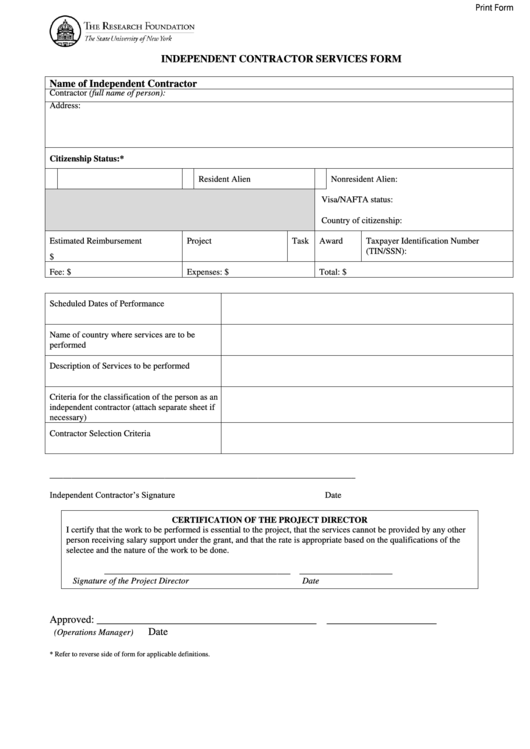 Fillable Sample Independent Contractor Services Form Printable pdf