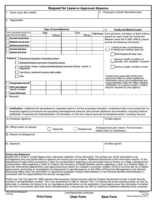 Fillable Opm-71 Form - Request For Leave Or Approved Absence Printable pdf