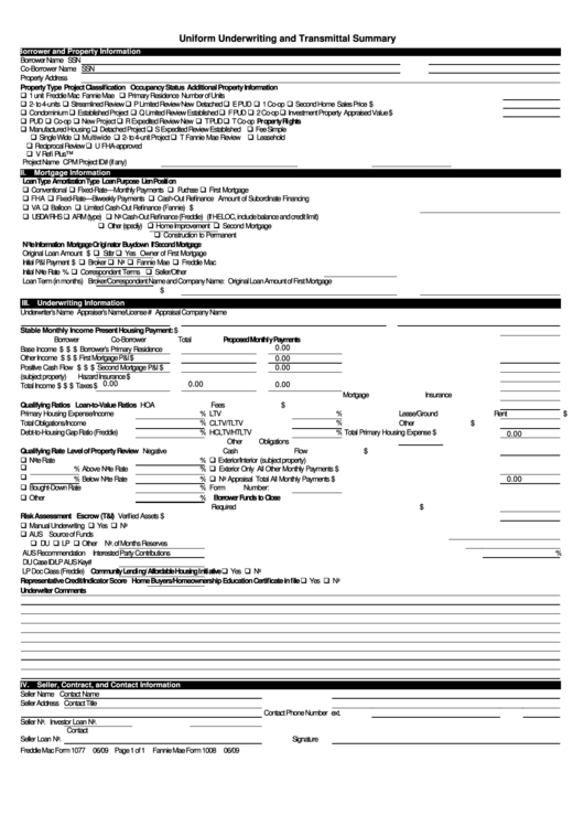 Fillable Freddie Mac Form 1077 - Uniform Underwriting And Transmittal Summary Printable pdf
