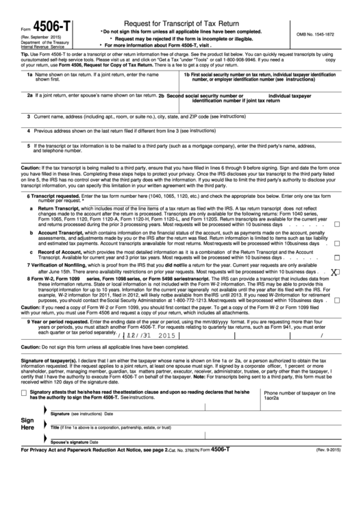 Form 4506-T (Rev. September 2015) - Request For Transcript Of Tax Return Printable pdf
