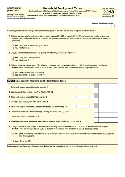 Fillable Schedule H (Form 1040) - Household Employment Taxes - 2013 Printable pdf
