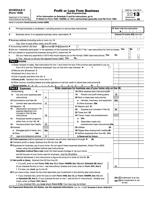Fillable Schedule C (Form 1040) - Profit Or Loss From Business - 2013 Printable pdf