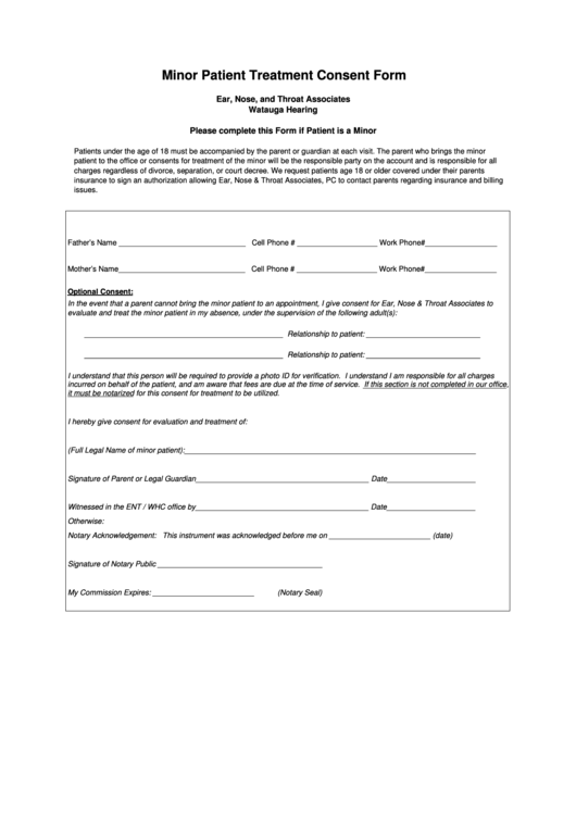 Minor Patient Treatment Consent Form Printable pdf