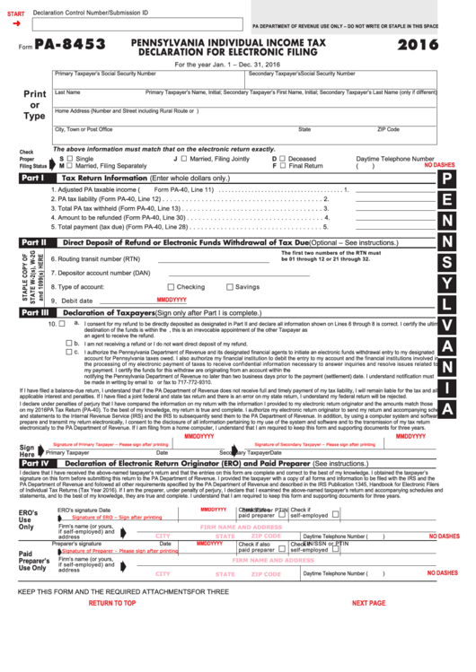 Fillable Form Pa-8453 Pennsylvania Individual Income Tax Declaration For Electronic Filing Printable pdf